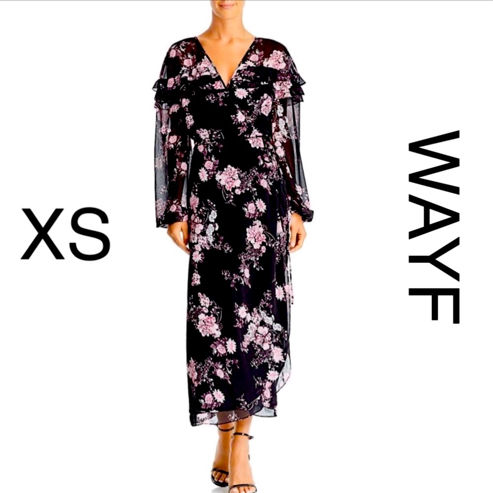 NWT WAYF black floral pink flounce chiffon maxi wrap dress